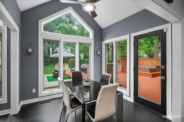 1033 Forest Trl, Sugar Grove, IL 60554 - dining area with a ceiling fan, vaulted ceiling, and dark wood-type flooring