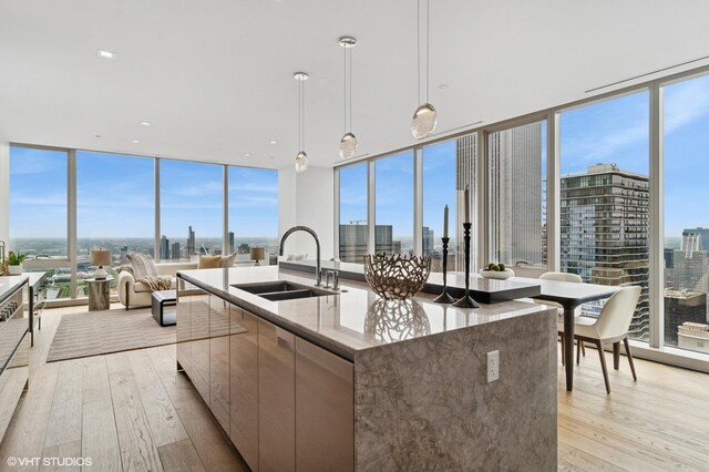 363 E Wacker Dr Unit 6301, Chicago, IL 60601 - kitchen with a sink, floor to ceiling windows, modern cabinets, light wood-type flooring, and a city view