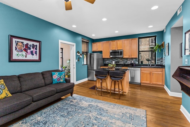 4872 N Kenmore Ave Unit 1, Chicago, IL 60640 - living room featuring a ceiling fan, dark wood finished floors, and recessed lighting