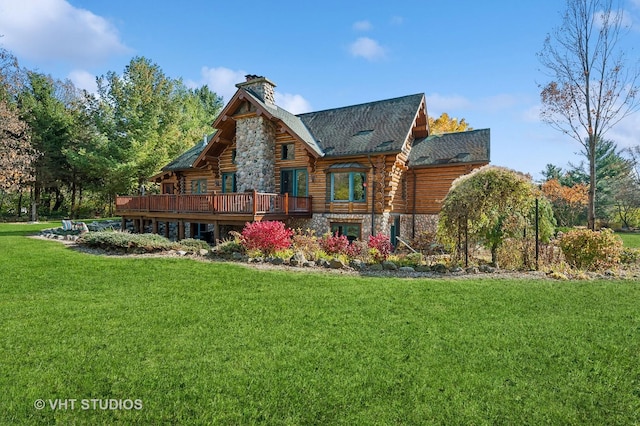 2317 Paulson Rd, Harvard, IL 60033 - back of house with log exterior, a lawn, a wooden deck, and a chimney