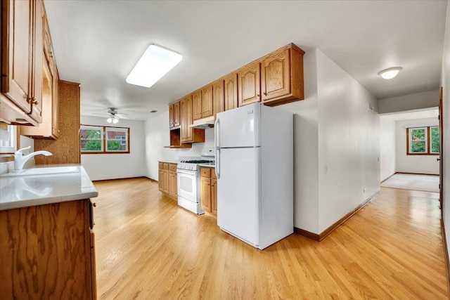 901 E Ardyce Ln, Mount Prospect, IL 60056 - kitchen featuring white appliances, light wood-type flooring, ceiling fan, and under cabinet range hood