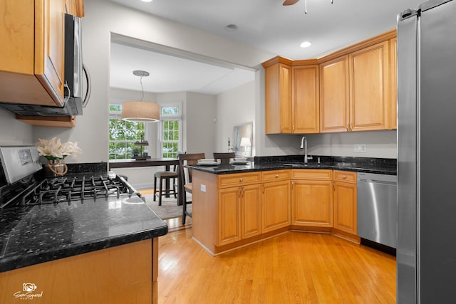 2508 Reflections Dr, Crest Hill, IL 60403 - kitchen with appliances with stainless steel finishes, a sink, a peninsula, light wood-style floors, and ceiling fan