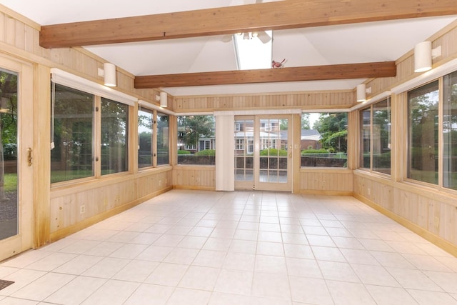 212 Mays Dr, Bloomington, IL 61701 - unfurnished sunroom featuring wood walls, tile patterned flooring, and a ceiling fan