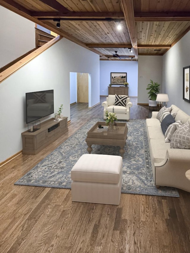 775 Thornmeadow Rd, Riverwoods, IL 60015 - living room featuring wooden ceiling with exposed beams, wood finished floors, ceiling fan, and baseboards