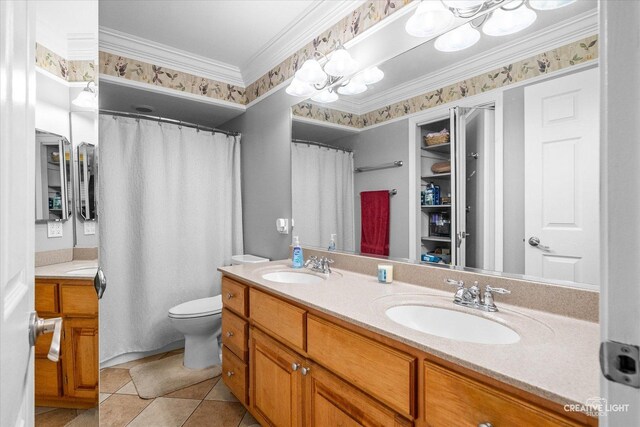 19 Crescent Ct, Montgomery, IL 60538 - bathroom with double vanity, toilet, a chandelier, ornamental molding, and tile patterned flooring