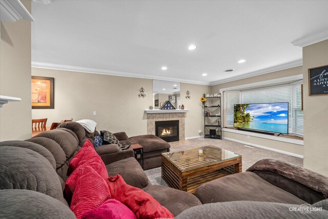 19 Crescent Ct, Montgomery, IL 60538 - living room with ornamental molding, a tiled fireplace, recessed lighting, carpet floors, and baseboards
