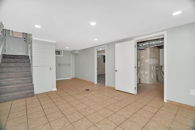610 W S St, Plano, IL 60545 - unfurnished living room with stairs, light tile patterned floors, and recessed lighting