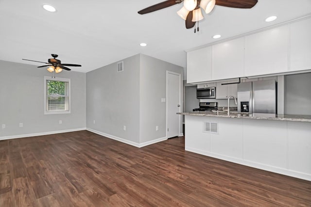 610 W S St, Plano, IL 60545 - kitchen with stainless steel appliances, a ceiling fan, dark wood-style flooring, white cabinets, and recessed lighting