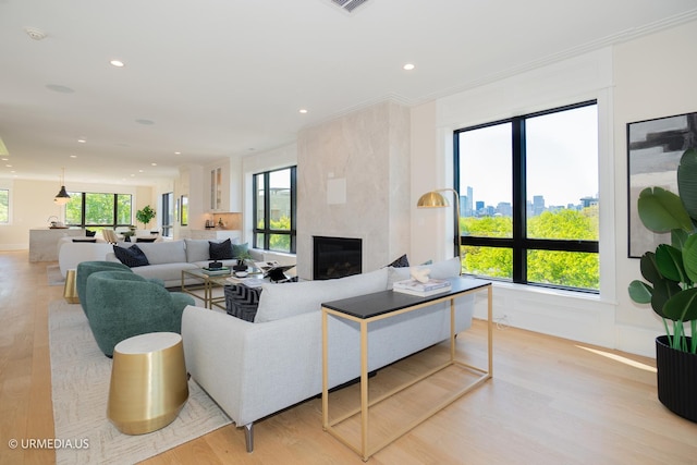 1812 N Howe St Unit Ph, Chicago, IL 60614 - living area featuring light wood-style flooring, a high end fireplace, recessed lighting, and ornamental molding