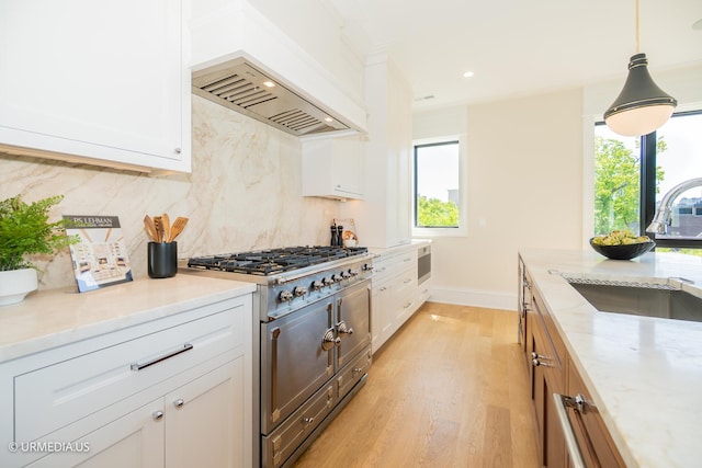 1812 N Howe St Unit Ph, Chicago, IL 60614 - kitchen featuring double oven range, light wood-style flooring, light stone counters, a sink, and decorative backsplash