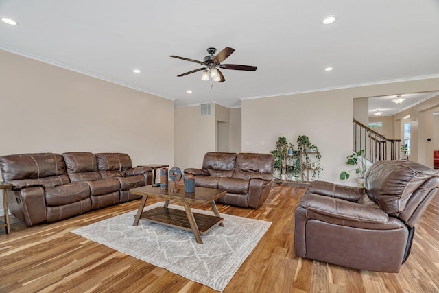 1221 Winding Way, Bolingbrook, IL 60490 - living area featuring light wood-style flooring, stairway, ceiling fan, crown molding, and recessed lighting