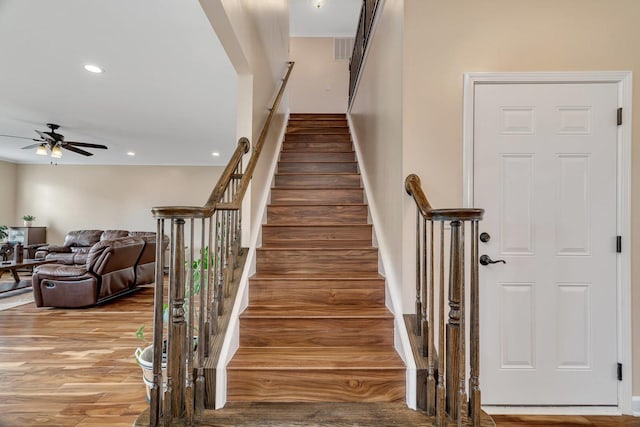1221 Winding Way, Bolingbrook, IL 60490 - stairway with a ceiling fan, wood finished floors, recessed lighting, and crown molding