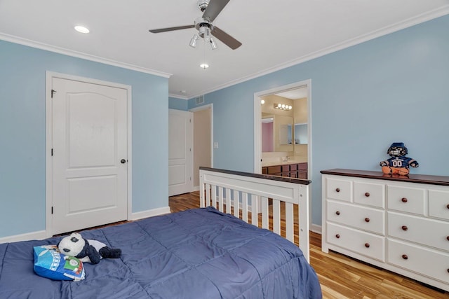 1221 Winding Way, Bolingbrook, IL 60490 - bedroom featuring crown molding, light wood-style flooring, recessed lighting, ensuite bath, and ceiling fan