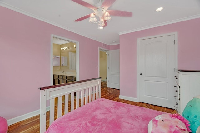 1221 Winding Way, Bolingbrook, IL 60490 - bedroom featuring wood finished floors, crown molding, recessed lighting, a ceiling fan, and connected bathroom