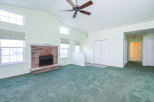 343 White Hawk Way, Manteno, IL 60950 - unfurnished living room featuring high vaulted ceiling, ceiling fan, carpet, and a brick fireplace