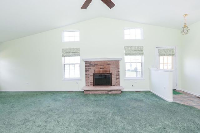 343 White Hawk Way, Manteno, IL 60950 - unfurnished living room with a ceiling fan, plenty of natural light, carpet floors, and high vaulted ceiling