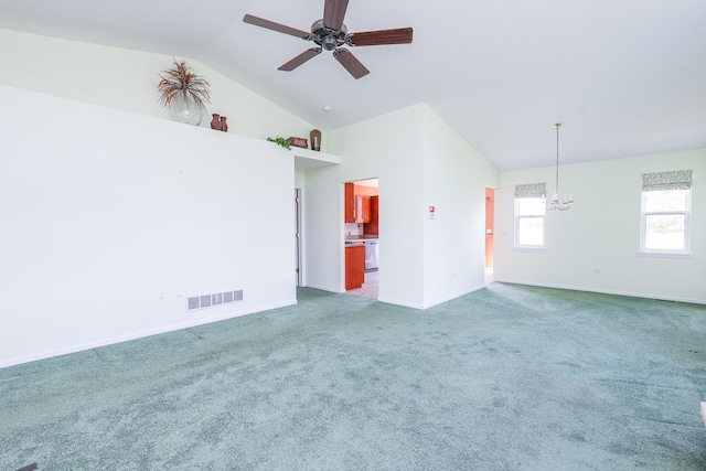 343 White Hawk Way, Manteno, IL 60950 - carpeted empty room with vaulted ceiling, a chandelier, and a ceiling fan