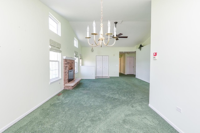343 White Hawk Way, Manteno, IL 60950 - unfurnished living room featuring a chandelier, carpet, a fireplace, and high vaulted ceiling