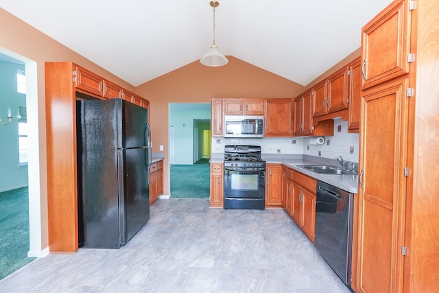 343 White Hawk Way, Manteno, IL 60950 - kitchen with black appliances, light countertops, vaulted ceiling, brown cabinets, and pendant lighting