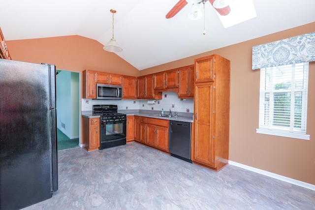 343 White Hawk Way, Manteno, IL 60950 - kitchen featuring black appliances, brown cabinetry, a ceiling fan, light countertops, and vaulted ceiling