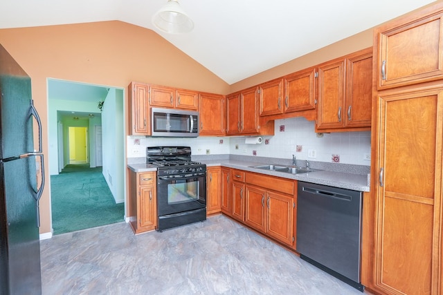 343 White Hawk Way, Manteno, IL 60950 - kitchen with black appliances, light countertops, brown cabinetry, decorative backsplash, and high vaulted ceiling