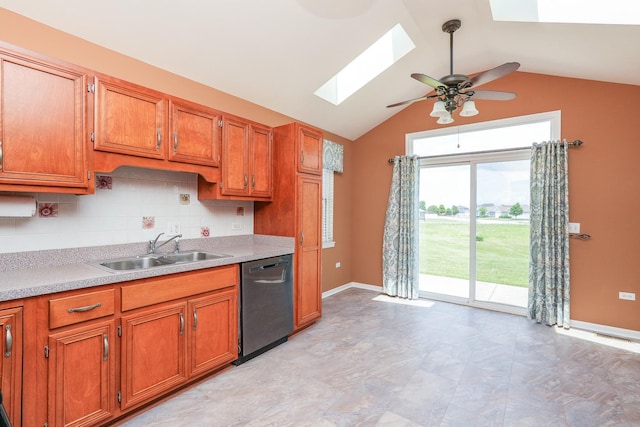 343 White Hawk Way, Manteno, IL 60950 - kitchen with dishwasher, a skylight, lofted ceiling, light countertops, and a ceiling fan