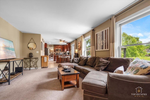 140 Amherst Dr, Bartlett, IL 60103 - living room with light carpet and ceiling fan