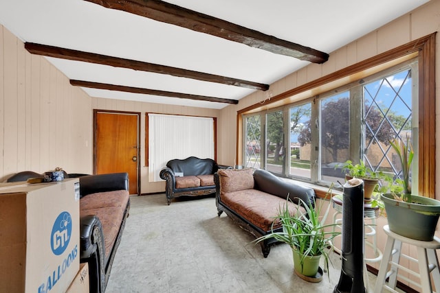 4501 S Kilpatrick Ave, Chicago, IL 60632 - living area featuring beam ceiling and wood walls