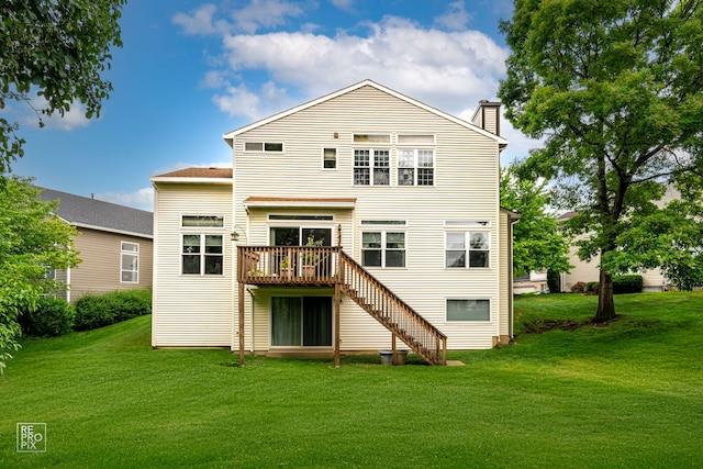 7623 Beringer Ct, Gurnee, IL 60031 - rear view of property with stairway, a wooden deck, a lawn, and a chimney