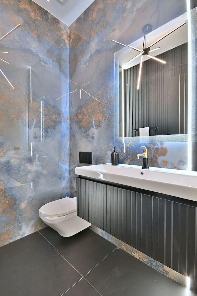 332 W Fremont Ave, Elmhurst, IL 60126 - bathroom featuring tile walls, vanity, tile patterned floors, and ceiling fan