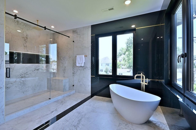 332 W Fremont Ave, Elmhurst, IL 60126 - full bathroom with a marble finish shower, a freestanding tub, marble tiled flooring, and recessed lighting