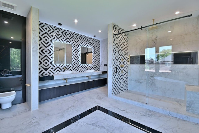 332 W Fremont Ave, Elmhurst, IL 60126 - full bath with marble tiled floors, a stall shower, double vanity, and recessed lighting