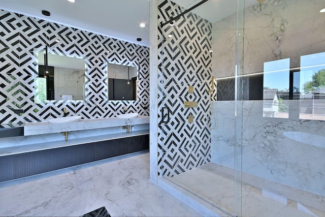 332 W Fremont Ave, Elmhurst, IL 60126 - bathroom featuring double vanity, a stall shower, marble tiled flooring, tile walls, and recessed lighting