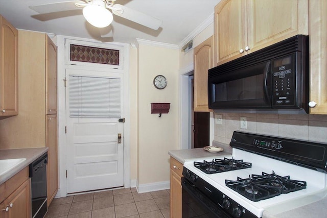 43 N Park Ave Unit 1A, Lombard, IL 60148 - kitchen with black appliances, light brown cabinetry, light tile patterned floors, a ceiling fan, and tasteful backsplash