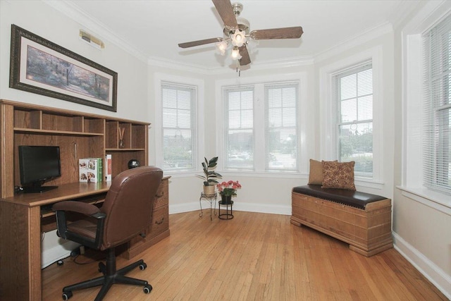 43 N Park Ave Unit 1A, Lombard, IL 60148 - home office featuring light wood-style flooring, ornamental molding, and a ceiling fan