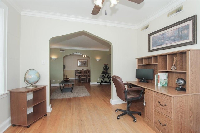 43 N Park Ave Unit 1A, Lombard, IL 60148 - office space featuring arched walkways, ceiling fan, light wood-type flooring, ornamental molding, and built in study area