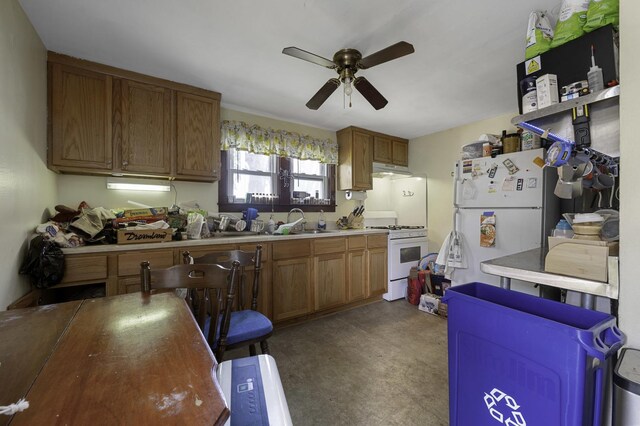 6513 Kane Ave, Hodgkins, IL 60525 - kitchen with white appliances, a ceiling fan, brown cabinetry, a sink, and light countertops