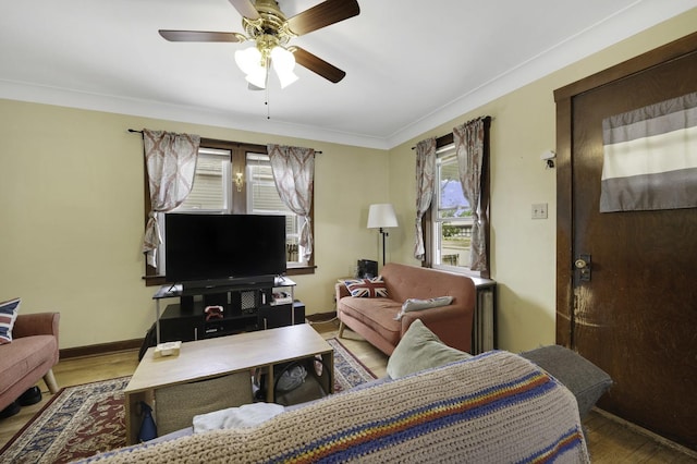 6513 Kane Ave, Hodgkins, IL 60525 - living area with wood finished floors, a ceiling fan, crown molding, and baseboards