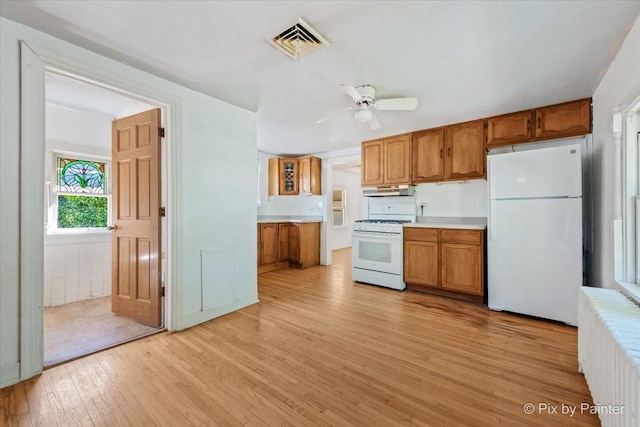 18 Madison St, Algonquin, IL 60102 - kitchen with white appliances, light wood-type flooring, radiator, brown cabinetry, and ceiling fan