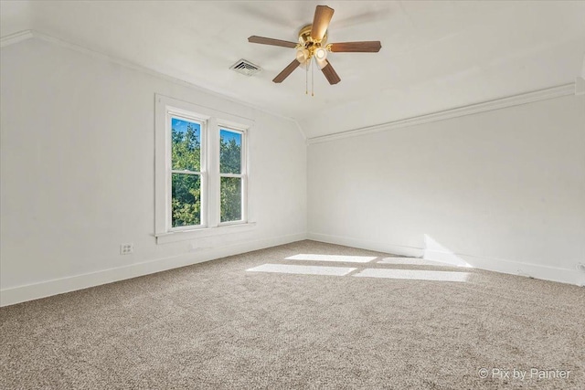 18 Madison St, Algonquin, IL 60102 - carpeted empty room featuring vaulted ceiling, a ceiling fan, and ornamental molding