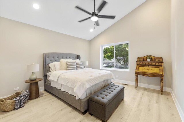 5901 W Erie St, Chicago, IL 60644 - bedroom featuring light wood-style floors, recessed lighting, high vaulted ceiling, ceiling fan, and baseboards