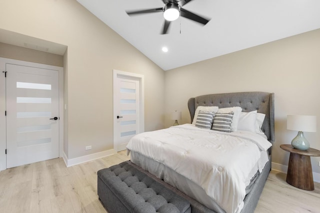 5901 W Erie St, Chicago, IL 60644 - bedroom with light wood-style floors, lofted ceiling, baseboards, a ceiling fan, and recessed lighting