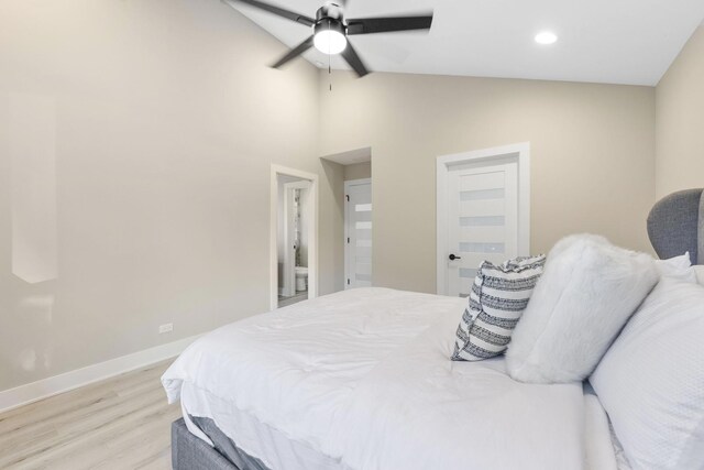 5901 W Erie St, Chicago, IL 60644 - bedroom featuring light wood-type flooring, baseboards, high vaulted ceiling, recessed lighting, and ceiling fan