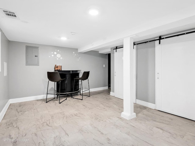 1246 Marengo Ave, Forest Park, IL 60130 - indoor dry bar featuring a barn door, electric panel, and marble finish floors