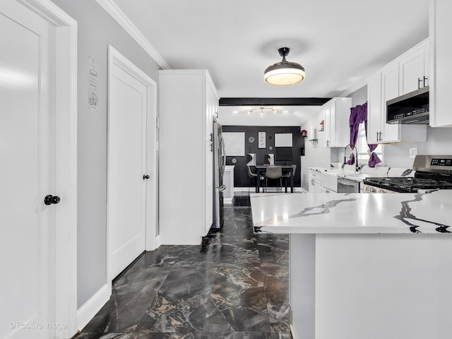 1246 Marengo Ave, Forest Park, IL 60130 - kitchen with stainless steel appliances, dark marble finish floors, light countertops, white cabinetry, and crown molding