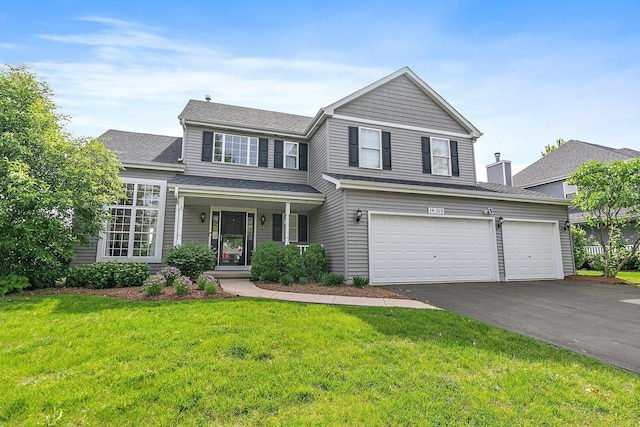 1S215 S Hyde Park, Geneva, IL 60134 - traditional-style home with asphalt driveway, a front yard, a porch, an attached garage, and roof with shingles