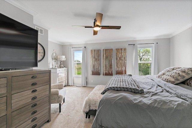1S215 S Hyde Park, Geneva, IL 60134 - bedroom with light carpet, crown molding, and a ceiling fan
