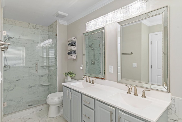 1S215 S Hyde Park, Geneva, IL 60134 - full bathroom featuring marble finish floors, a marble finish shower, ornamental molding, and double vanity