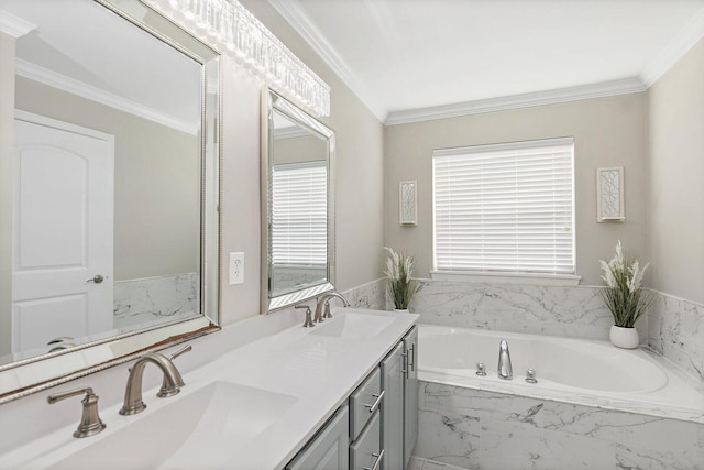 1S215 S Hyde Park, Geneva, IL 60134 - bathroom with plenty of natural light, ornamental molding, a bath, double vanity, and marble finish floors