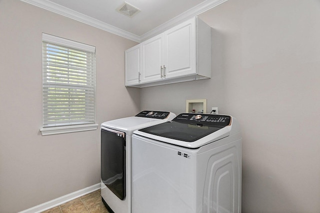 1S215 S Hyde Park, Geneva, IL 60134 - laundry area with independent washer and dryer, cabinet space, and ornamental molding